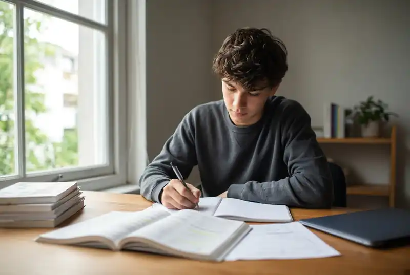 Illustrative student studying independently at a desk